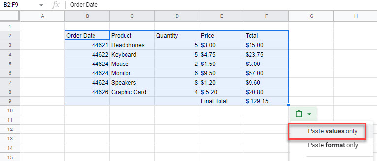 copy word table gs paste values