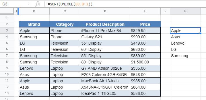 DropDownSort GoogleSheets Formula