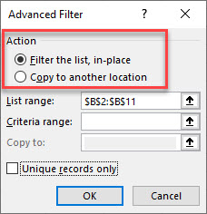 filter unique records action