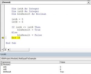vba comparison operators not equal to