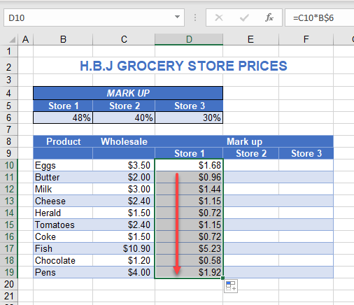 absolutes mixed reference copy down