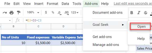 BreakEven GS goalseek open