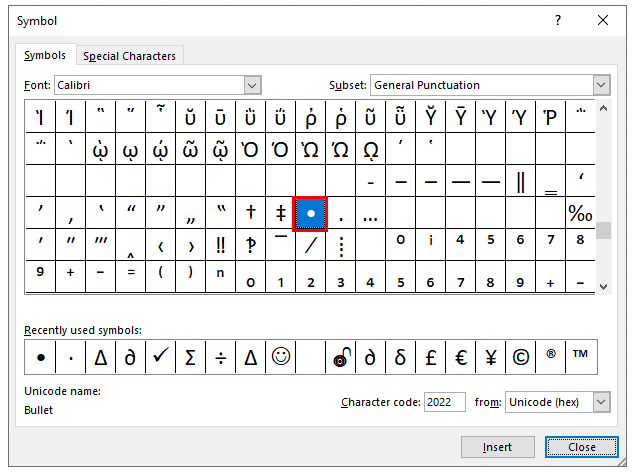 bullets insert symbol