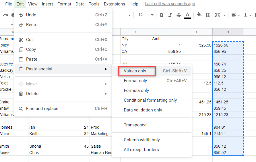 clean data gs paste special