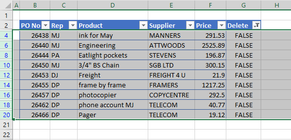 delete alternate rows hightlight