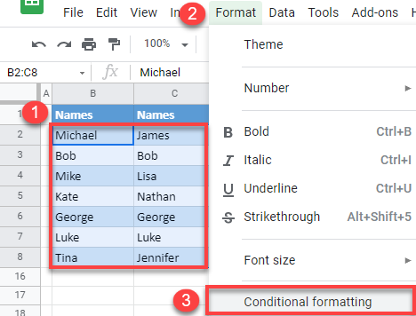 google-sheets-conditional formatting based on adjacent cell