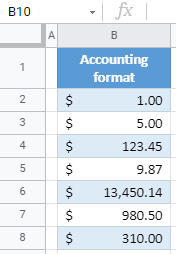 google sheets format accounting number 2