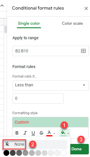 google sheets make negative numbers red conditional formatting 2