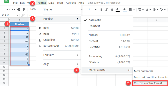 google sheets make negative numbers red custom number format