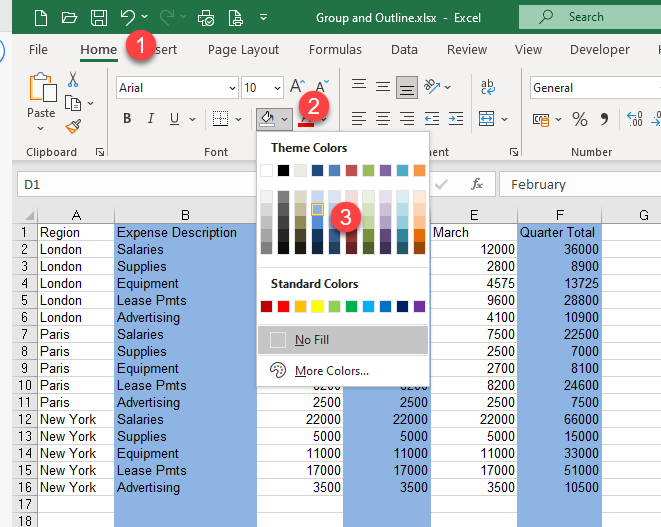 highlight columns fill non adjacent