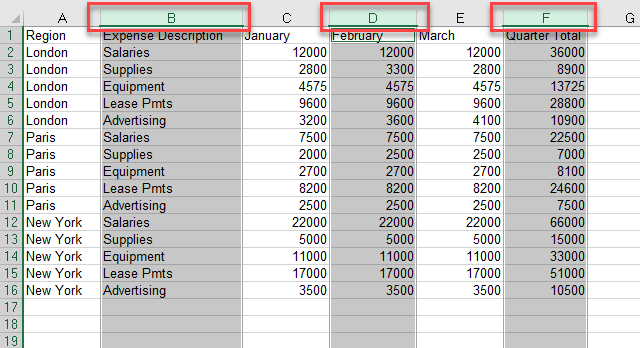 highlight columns select non adjacent