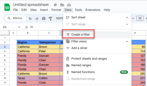 how to sort gs create filter color