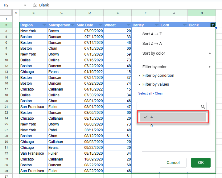 how to sort gs filter blank select