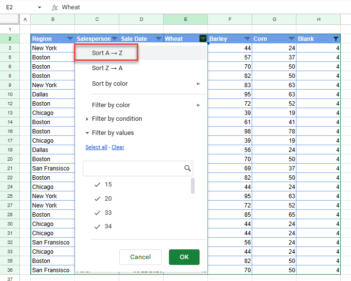 how to sort gs filter blank sort