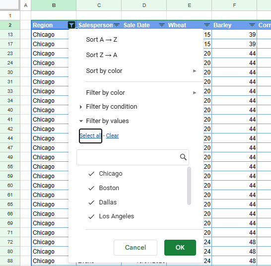 how to sort gs filter select filter