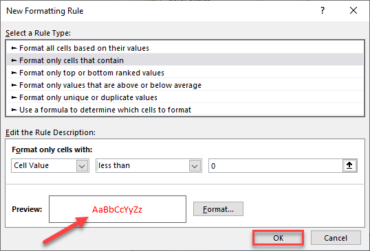 make negative numbers red conditional formatting 3