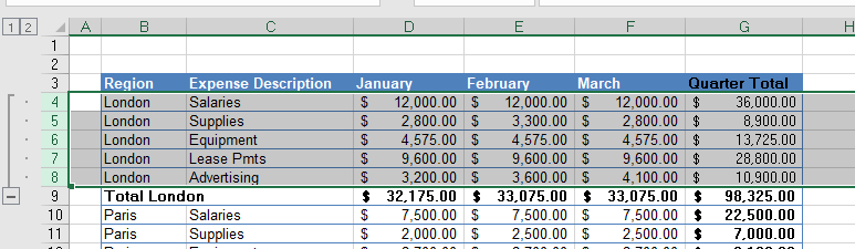 outline rows grouped
