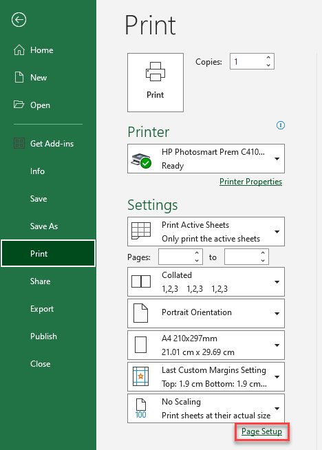 printrow page setup