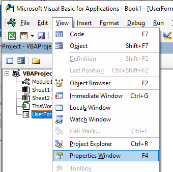 vba vbe properties