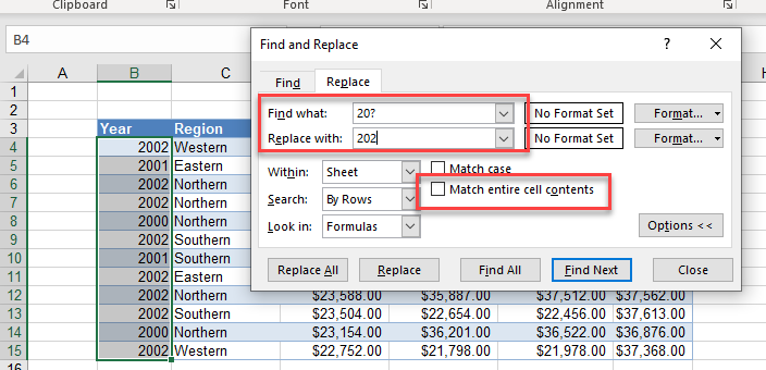 Wildcards select-replace values questionmark
